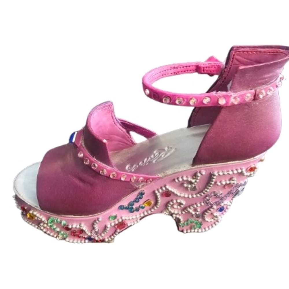 Just The Right Shoe Pink & Purple Embellished "Mardi Gras" Wedges By Raine 2000 - Picture 3 of 9